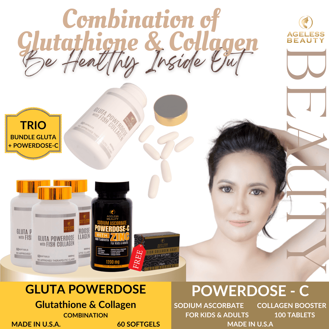 TRIO GLUTA + FREE 1 TRIO SERUM + FREE 1 POWERDOSE - C + FREE 1 COLLAGEN SOAP + FREE 1 VIRGIN AGAIN SOAP (PROMO UNTIL FEB.29)